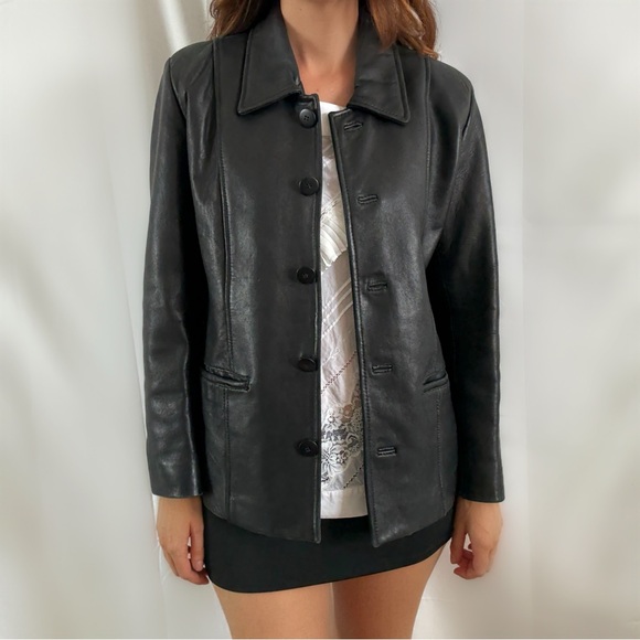 Vintage genuine leather jacket black collared button up coat small - Picture 1 of 6